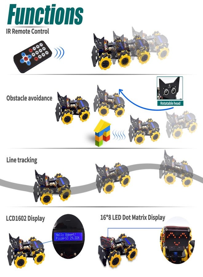 Adeept 4WD Omni-Directional Mecanum Wheels Robotic Car Kit for ESP32-S3 | Banana Pi PicoW-S3 DIY STEM Remote Controlled Educational Robot Kit with LCD1602 Display, Python Code & PDF Tutorials - Image 5