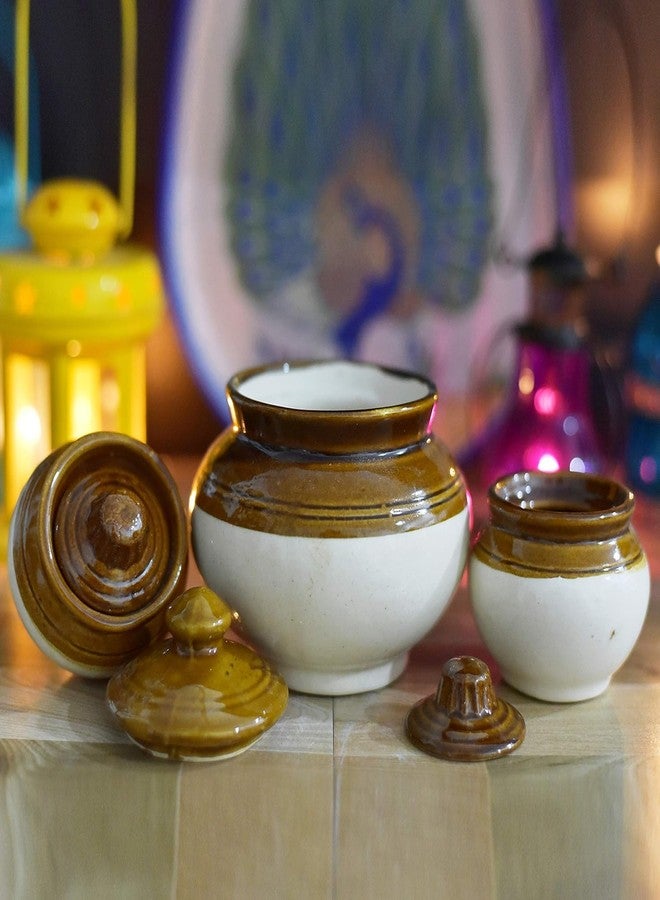 SHRIYAM CRAFT طقم برطمانات مخلل سيراميكية يدوية الصنع على الطراز القديم من شريام كرافت مع غطاء، طقم طاولة طعام، صنع في الهند (500 مل مع 100 مل [2] على شكل لوتة) - Image 2