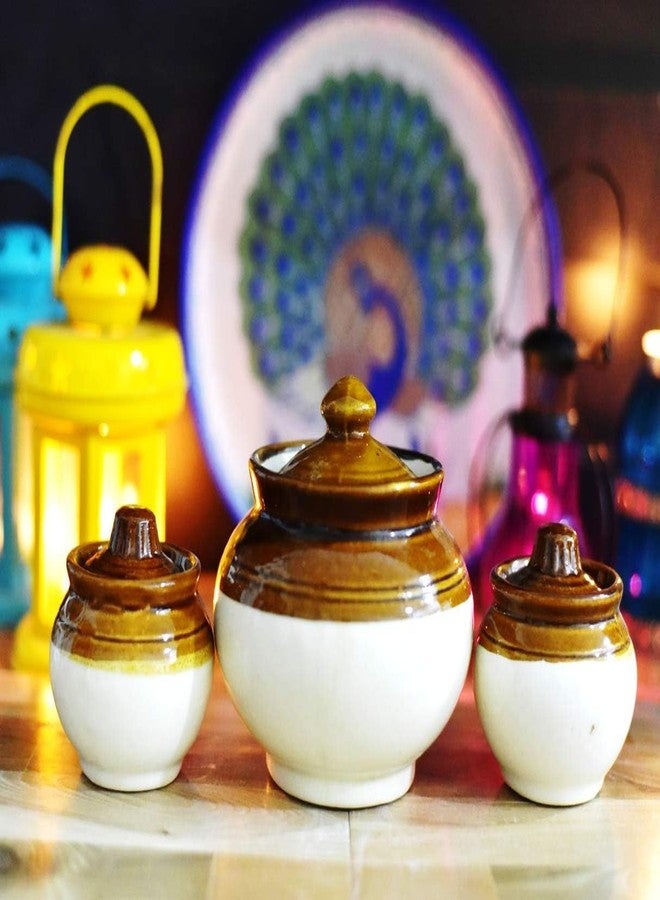 SHRIYAM CRAFT طقم برطمانات مخلل سيراميكية يدوية الصنع على الطراز القديم من شريام كرافت مع غطاء، طقم طاولة طعام، صنع في الهند (500 مل مع 100 مل [2] على شكل لوتة) - Image 1