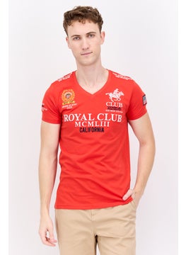 Men V Neck Short Sleeves Graphic Print T-Shirt, Red Combo