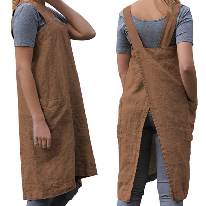 WROLEM Women's Cross Back Pinafore Apron with Large Pockets Home Kitchen  Restaurant  Coffee house Cooking Gardening Works - Image 1