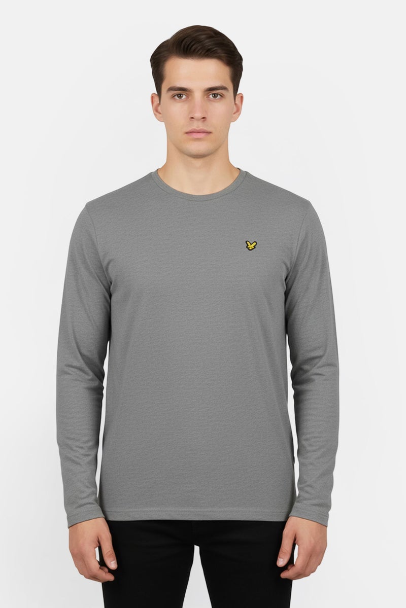 Lyle & Scott Men Crew Neck Long Sleeve Embroidered Logo T-Shirt, Mid Grey Marl - Image 1
