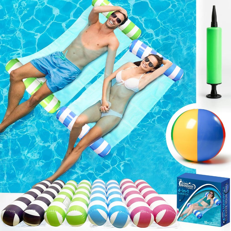 Cosmic Chameleon 4 Pack Inflatable Pool Hammock Floats with Air Pump and Beach Ball 4in1 Water Hammock Chair Saddle Lounge and Drifter Adult Size Pool Floaties for Swimming Pool - Image 2