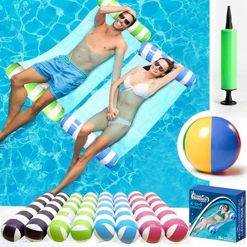 Cosmic Chameleon 4 Pack Inflatable Pool Hammock Floats with Air Pump and Beach Ball 4in1 Water Hammock Chair Saddle Lounge and Drifter Adult Size Pool Floaties for Swimming Pool - Image 1