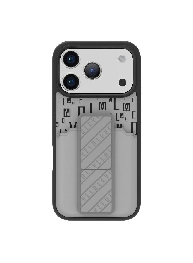 LEVELO iPhone 17 Pro Max Case Morphix Gripstand With Cardholder & Magnetic Strap Stand / Secure Hold / One-Hand Grip / Shock-Resistant Bumper / Luxury Printed Branding Back Cover - Cloud Grey - Image 1