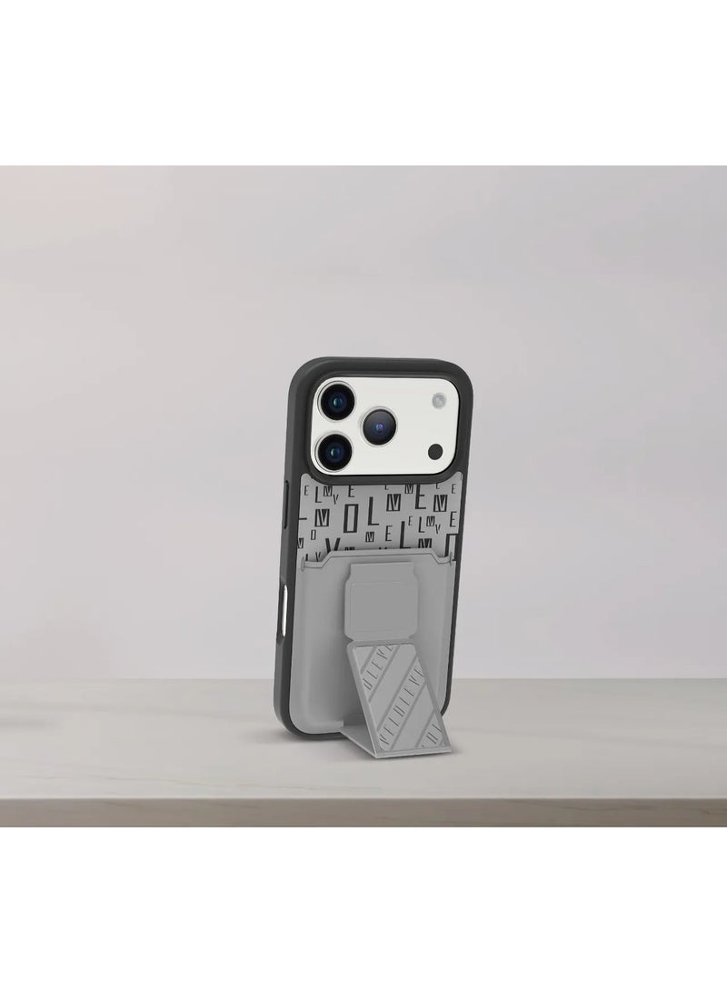 LEVELO iPhone 17 Pro Max Case Morphix Gripstand With Cardholder & Magnetic Strap Stand / Secure Hold / One-Hand Grip / Shock-Resistant Bumper / Luxury Printed Branding Back Cover - Cloud Grey - Image 2