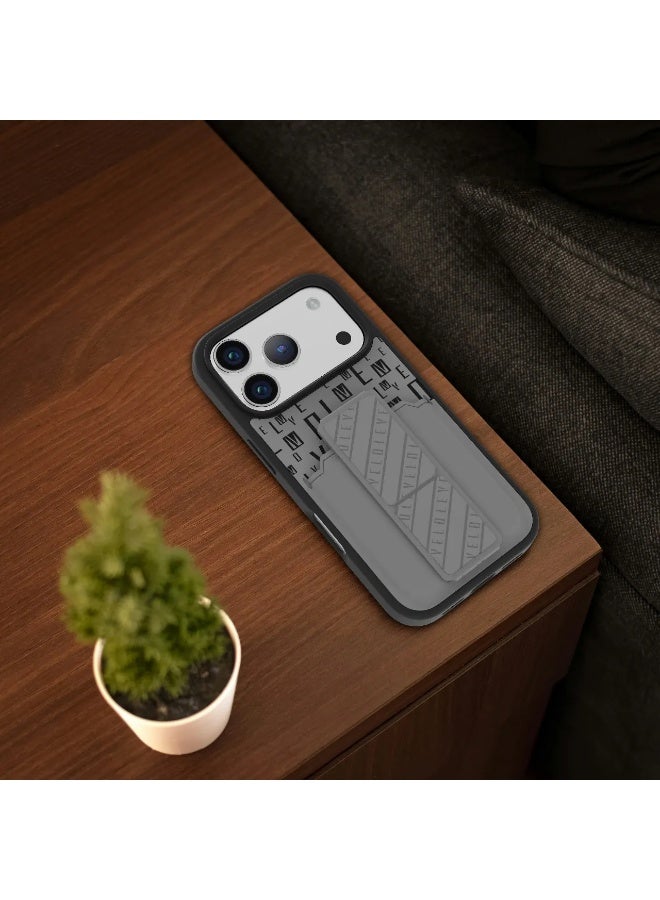 LEVELO iPhone 17 Pro Max Case Morphix Gripstand With Cardholder & Magnetic Strap Stand / Secure Hold / One-Hand Grip / Shock-Resistant Bumper / Luxury Printed Branding Back Cover - Cloud Grey - Image 5