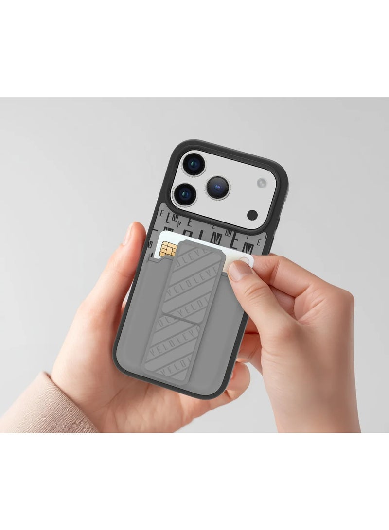 LEVELO iPhone 17 Pro Max Case Morphix Gripstand With Cardholder & Magnetic Strap Stand / Secure Hold / One-Hand Grip / Shock-Resistant Bumper / Luxury Printed Branding Back Cover - Cloud Grey - Image 3