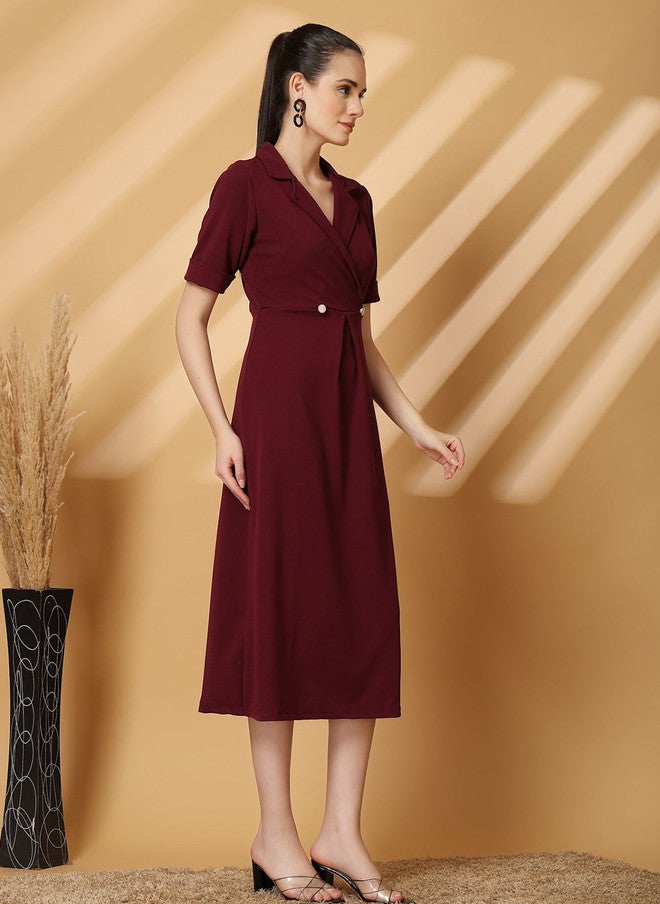 PlusS Burgundy Fit & Flare Midi Dress for Women - Image 3