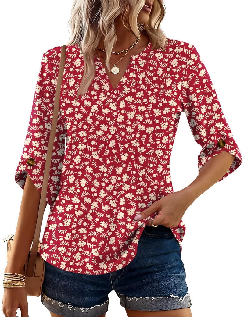 Kistore Cute Spring Tops for Women V Neck 3/4 Sleeve Blouses Casual Flowy Basic Tees Fashion 2026 Red Yellow Floral L - Image 2