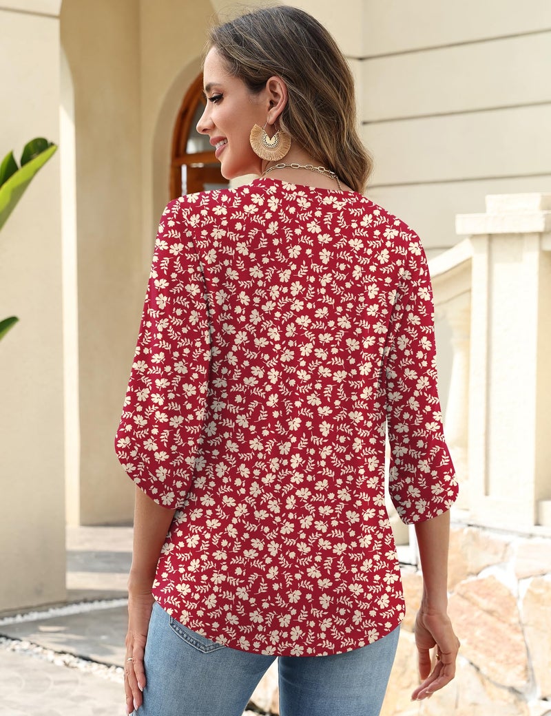 Kistore Cute Spring Tops for Women V Neck 3/4 Sleeve Blouses Casual Flowy Basic Tees Fashion 2026 Red Yellow Floral L - Image 4