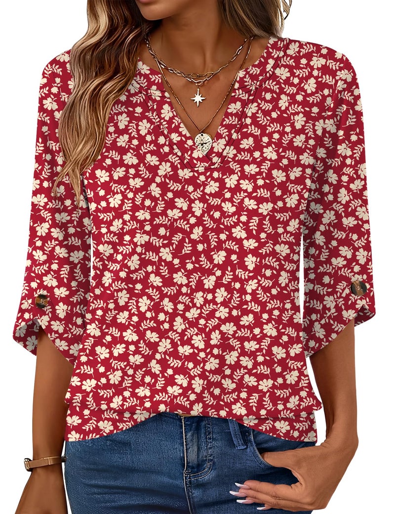 Kistore Cute Spring Tops for Women V Neck 3/4 Sleeve Blouses Casual Flowy Basic Tees Fashion 2026 Red Yellow Floral L - Image 1