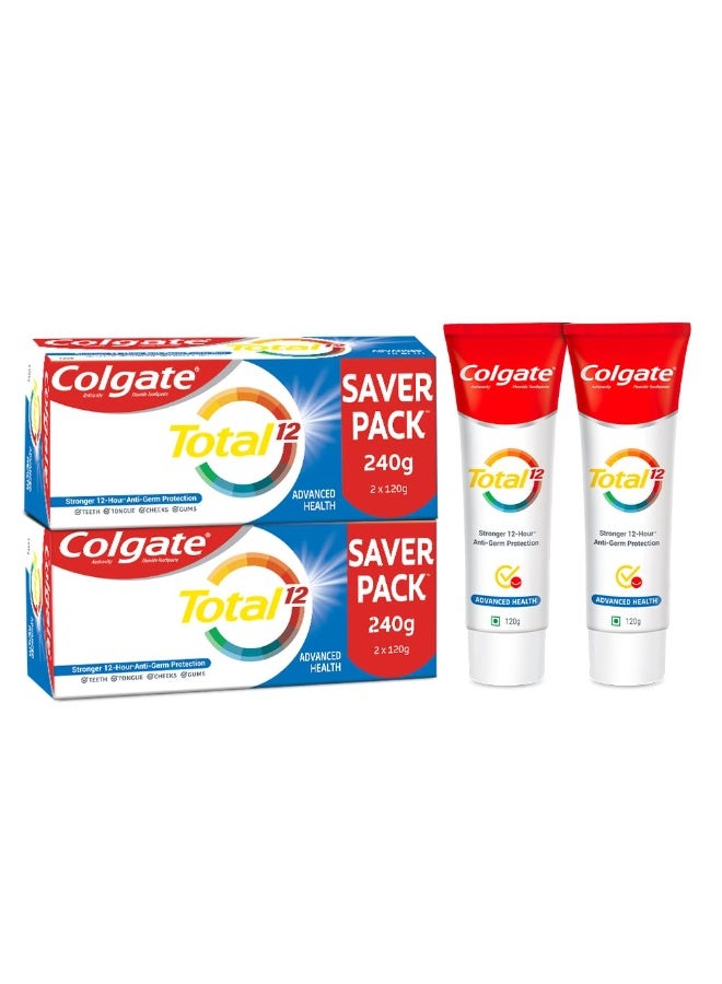 Colgate Total Whole Mouth Health, Antibacterial Cavity Protection Toothpaste, 480g (2x240g) , Advanced Health, Multicolour