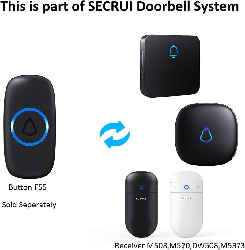SECRUI Wireless Doorbell F55 Push Button, Pair with Wireless Doorbell Kits, Replacement, Additional Push Button, Black - Image 1