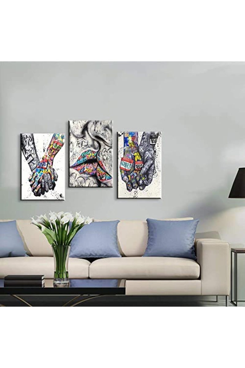 Mistyefly 3 Piece Graffiti Wall Art Romantic Gestures Colorful Decor Pop Poster Lovers Kissing Street Canvas for Living Room Bedroom Ready to Hang (16''Wx24''Hx3PCS) - Image 3