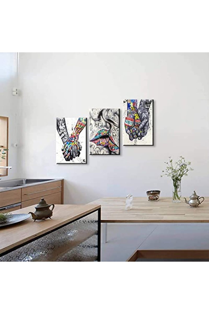 Mistyefly 3 Piece Graffiti Wall Art Romantic Gestures Colorful Decor Pop Poster Lovers Kissing Street Canvas for Living Room Bedroom Ready to Hang (16''Wx24''Hx3PCS) - Image 2
