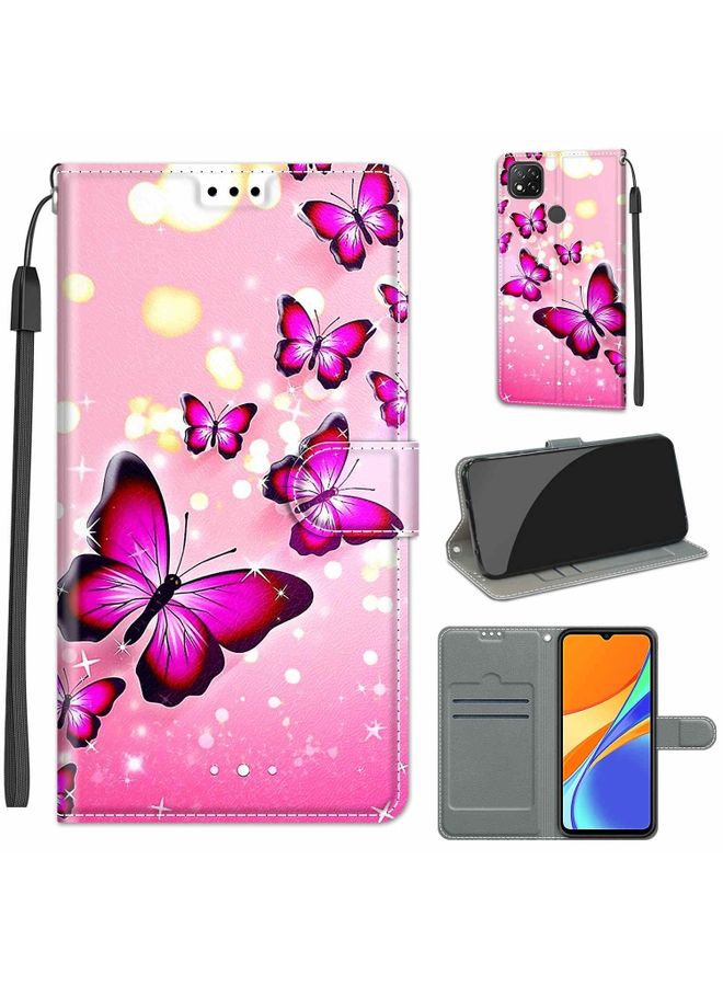 Case Cover For Xiaomi Redmi 9C Voltage Coloured Drawing Magnetic Clasp Horizontal Flip PU Leather Case with Holder & Card Slots C03 Gradient Pink Flying Butterflies
