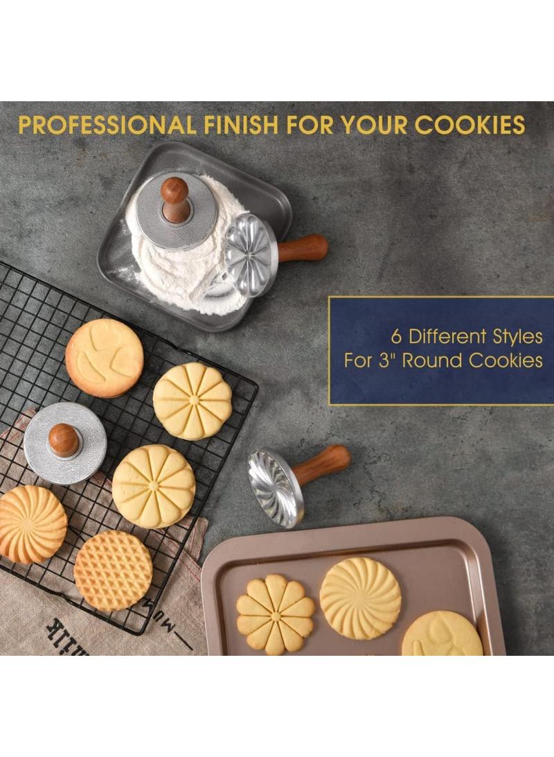 الأزرق جي دبليو البسكويت ختم مجموعة من 6.3 بوصة جولة الألومنيوم يموت لخبز البسكويت والكعك ، هندسية الحمضيات والرموز البسكويت الطوابع ، مع مقبض خشبي هدية حزمة - Image 2