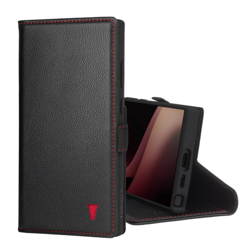 TORRO Case Compatible with Samsung Galaxy S24 Ultra 5G â€“ Premium Leather Wallet Case with Kickstand and Card Slots (Black with Red Detail) - Image 1