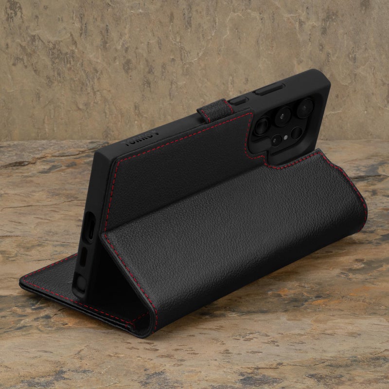TORRO Case Compatible with Samsung Galaxy S24 Ultra 5G â€“ Premium Leather Wallet Case with Kickstand and Card Slots (Black with Red Detail) - Image 3