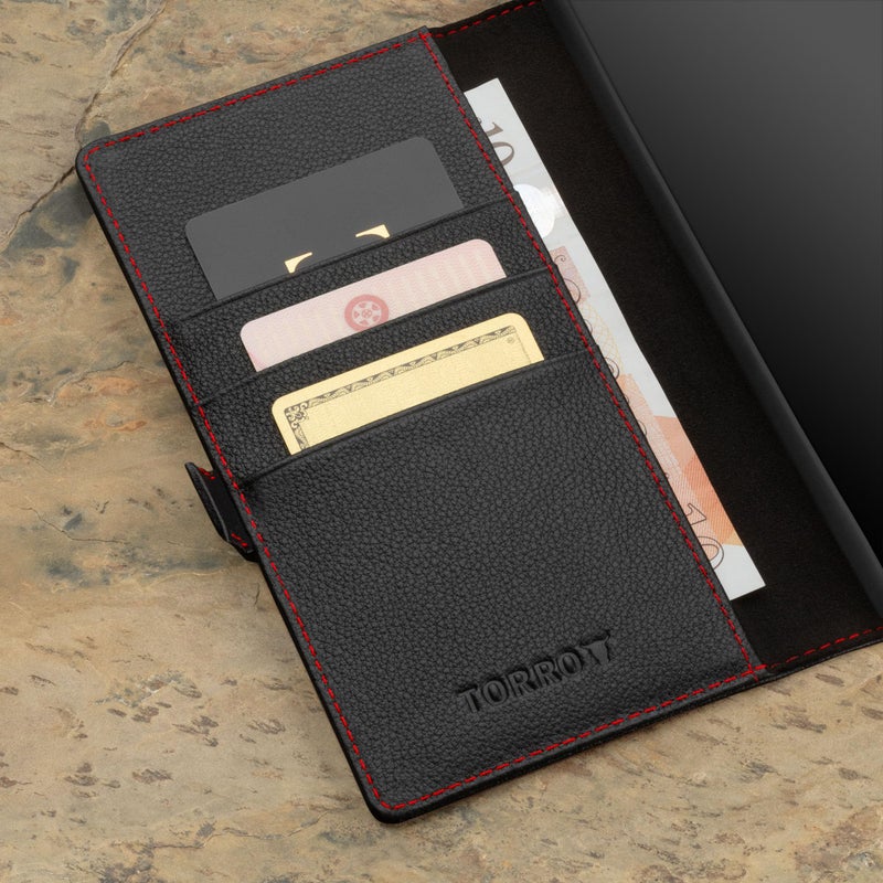 TORRO Case Compatible with Samsung Galaxy S24 Ultra 5G â€“ Premium Leather Wallet Case with Kickstand and Card Slots (Black with Red Detail) - Image 4