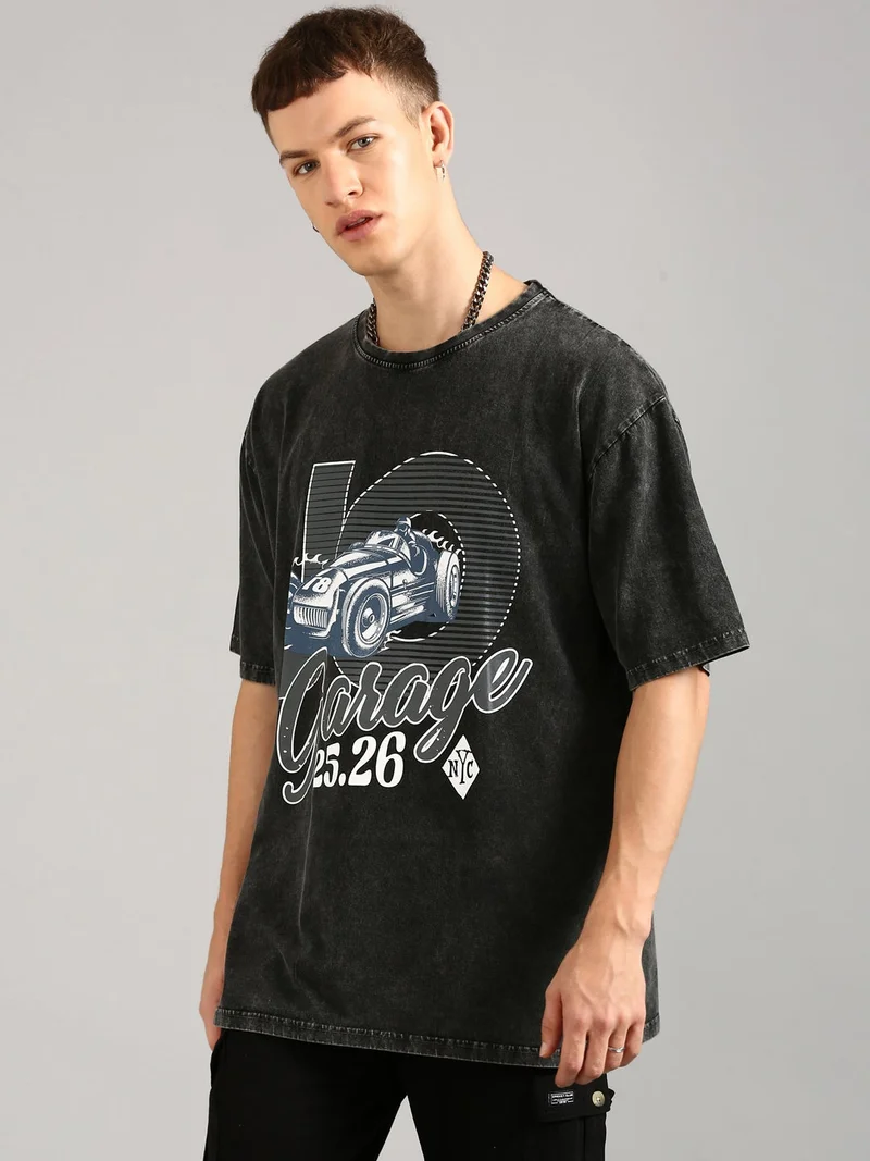 Joven Men Black Printed Pure Cotton Oversized Distressed T-Shirt