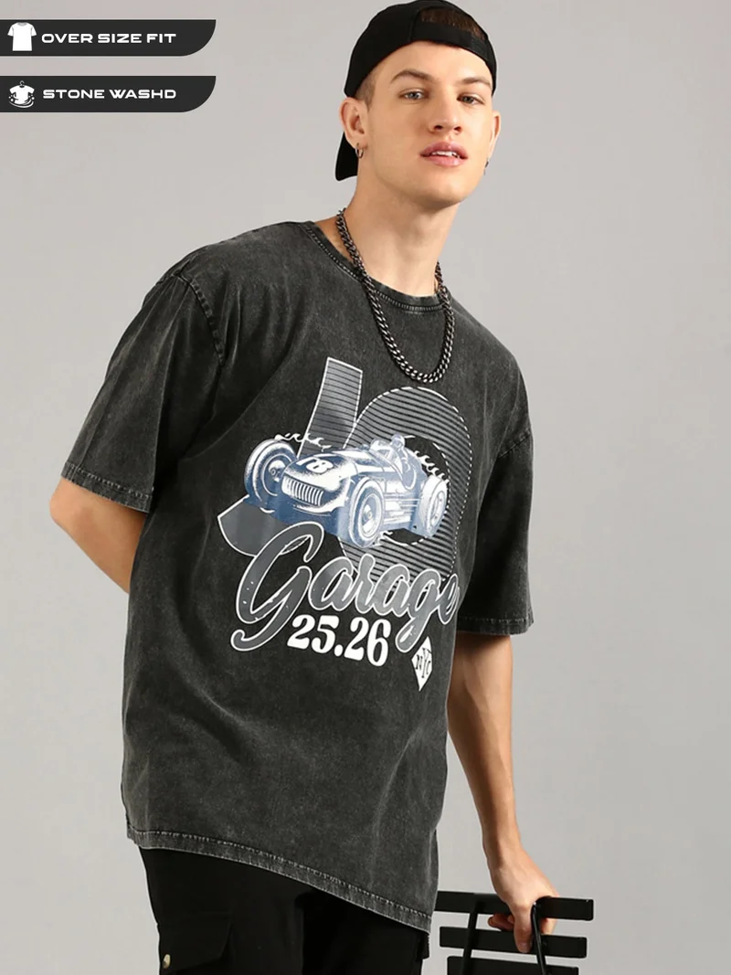 Joven Men Black Printed Pure Cotton Oversized Distressed T-Shirt