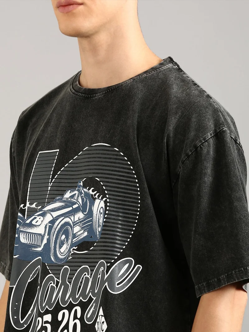 Joven Black Men Black Printed Pure Cotton Oversized Distressed T-Shirt for Men | Best Price UAE