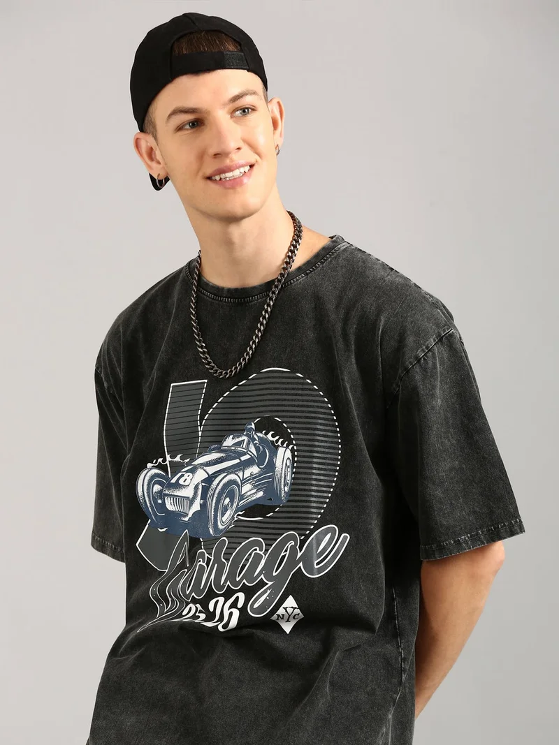 Joven Black Men Black Printed Pure Cotton Oversized Distressed T-Shirt for Men | Best Price UAE