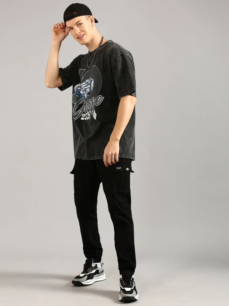 Joven Black Men Black Printed Pure Cotton Oversized Distressed T-Shirt for Men | Best Price UAE