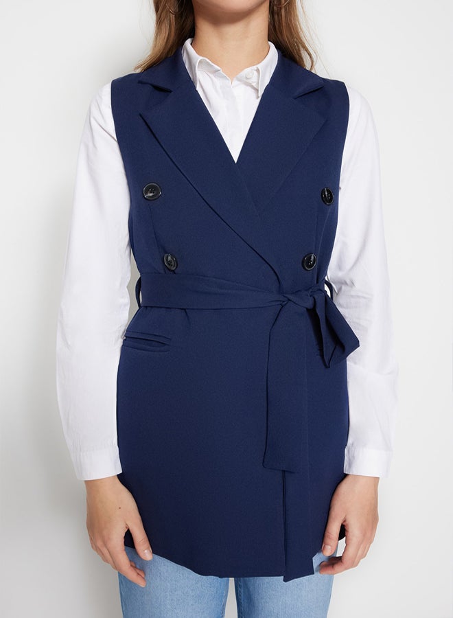 trendyol Navy Blue Waist Tie Detail Woven Lined Vest TCTSS23YL00029 - Image 4