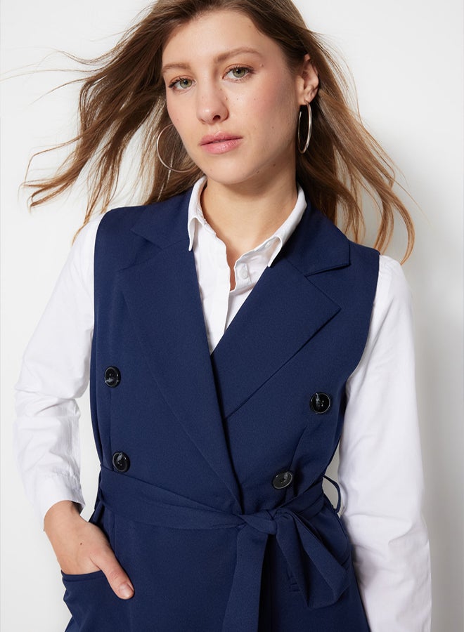 trendyol Navy Blue Waist Tie Detail Woven Lined Vest TCTSS23YL00029 - Image 3