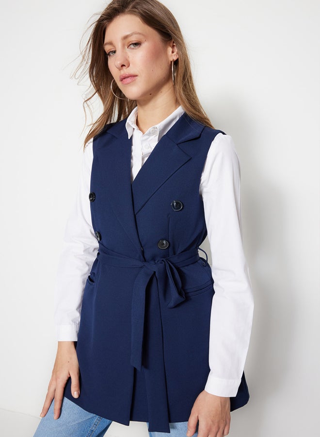 trendyol Navy Blue Waist Tie Detail Woven Lined Vest TCTSS23YL00029 - Image 1