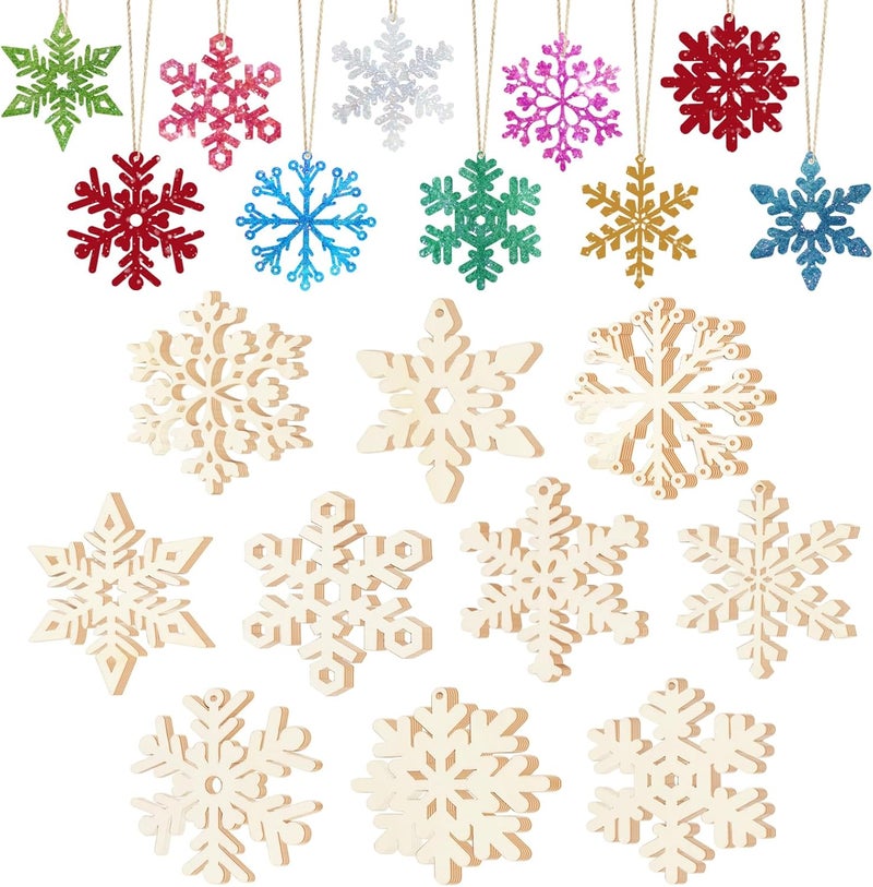Tmflexe 40Pcs Unfinished Paintable Blank Wooden Christmas Snowflake Festival Decoration Ornaments, Xmas Tree Hanging Wood Slices for DIY Art Crafts Party Supplies - Image 1