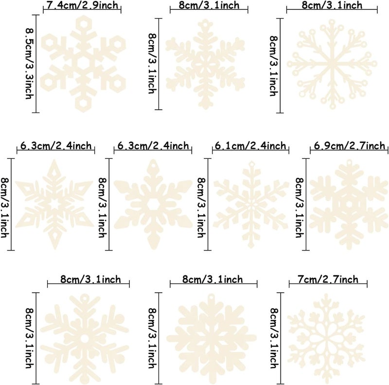 Tmflexe 40Pcs Unfinished Paintable Blank Wooden Christmas Snowflake Festival Decoration Ornaments, Xmas Tree Hanging Wood Slices for DIY Art Crafts Party Supplies - Image 2