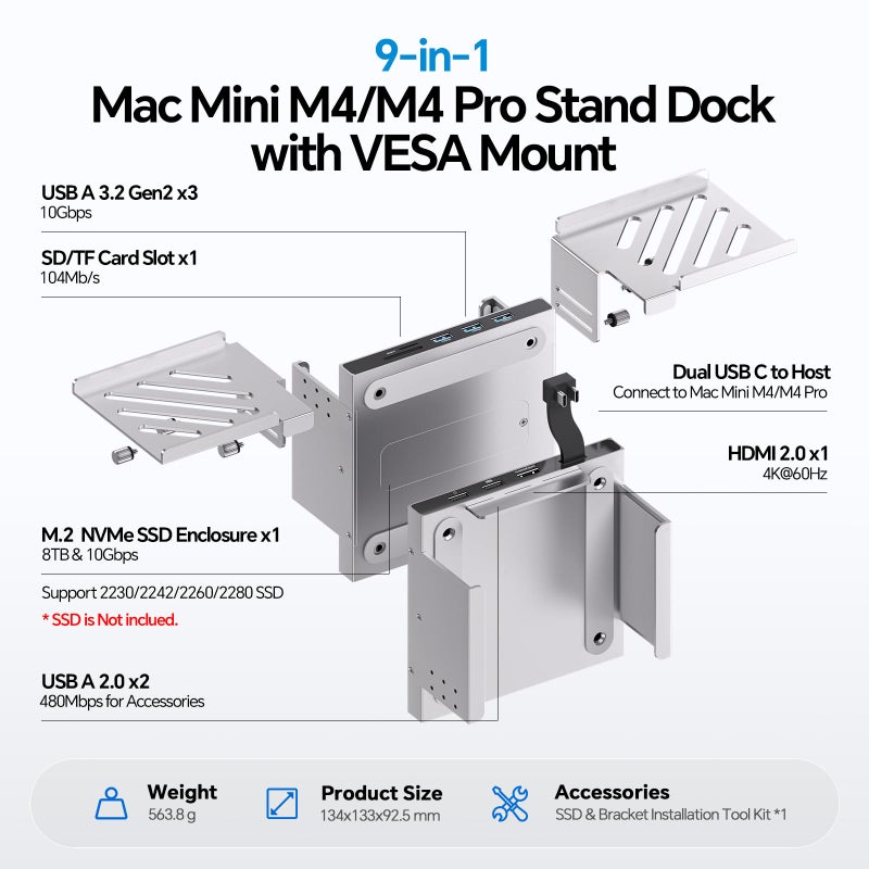 PULWTOP Mac mini M4 Dock & Stand with M.2 NVMe 8TB SSD Enclosure, Macmini M4 Hub with HDMI 4K 60Hz, 3 USB-A 10Gbps for Mac mini M4/M4 Pro 2024, Metal Bracket Holder for Monitor, Desk and VESA Port - Image 2
