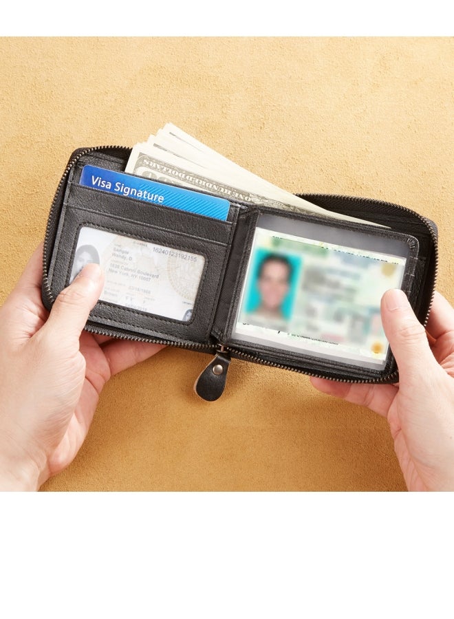 دانتي محفظة رجالية من الجلد الأصلي بسحاب قصير من الأعلى ومحفظة لتمرير البطاقات باللون الأسود - Image 2