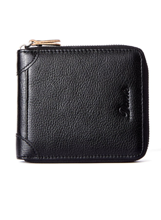 دانتي محفظة رجالية من الجلد الأصلي بسحاب قصير من الأعلى ومحفظة لتمرير البطاقات باللون الأسود - Image 1