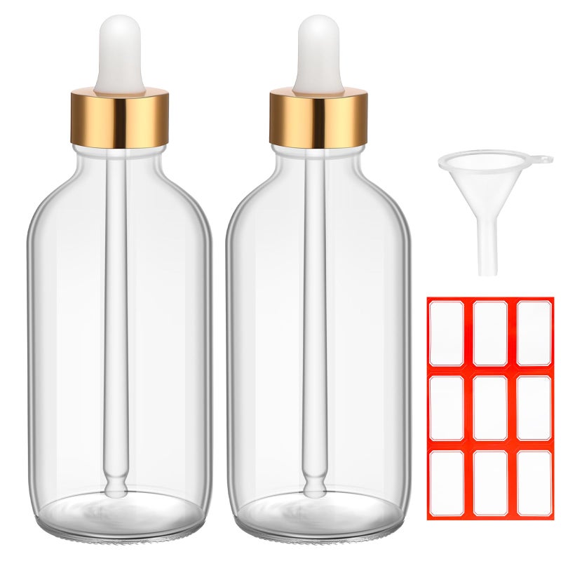 Fumete 2 Pack Glass Bottles 4oz Empty Refillable Liquid Containers with 1 Label 1 Funnel for Essential Oils Hair Travel Plants Cleaning Skin Care Clear Gold TopDropper Bottle - Image 3