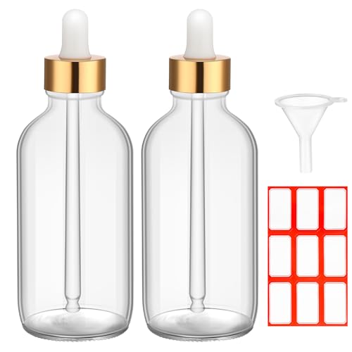Fumete 2 Pack Glass Bottles 4oz Empty Refillable Liquid Containers with 1 Label 1 Funnel for Essential Oils Hair Travel Plants Cleaning Skin Care Clear Gold TopDropper Bottle - Image 1