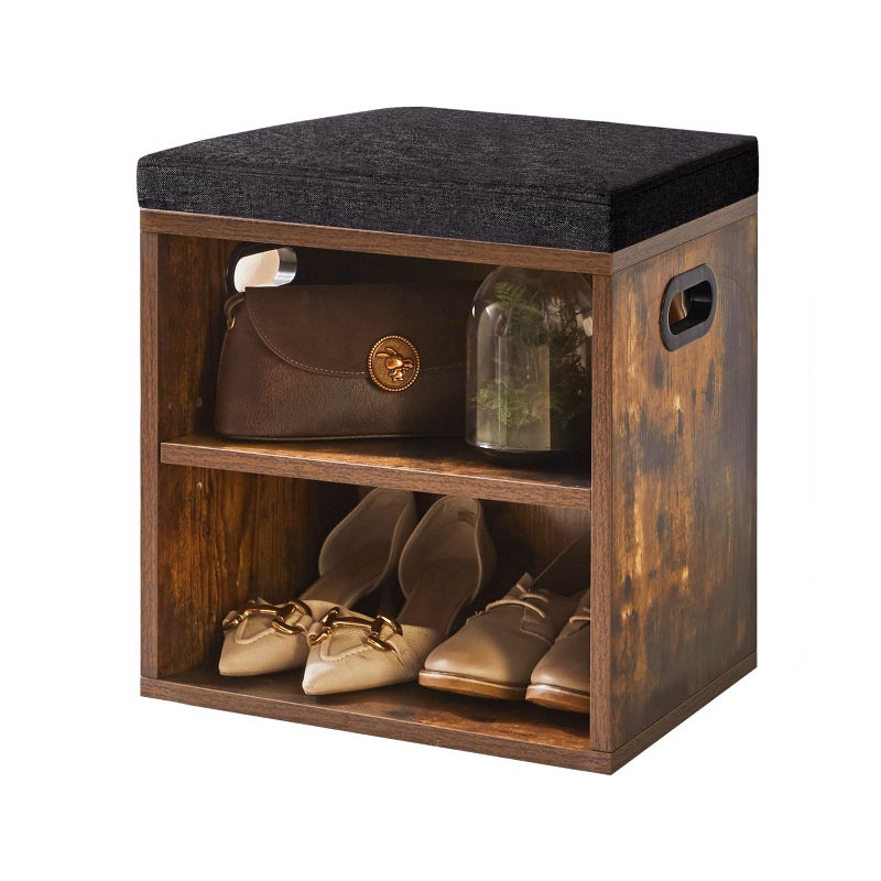 YMYNY Shoe Storage Bench with Cushion, 2 Tier Shoe Rack with Padded Seat, Adjustable Shoe Organizer Cabinet for Entryway, Living Room, Hallway, Closet, 15.4L*11W*16.54H, Rustic Brown, UHBD028H - Image 1