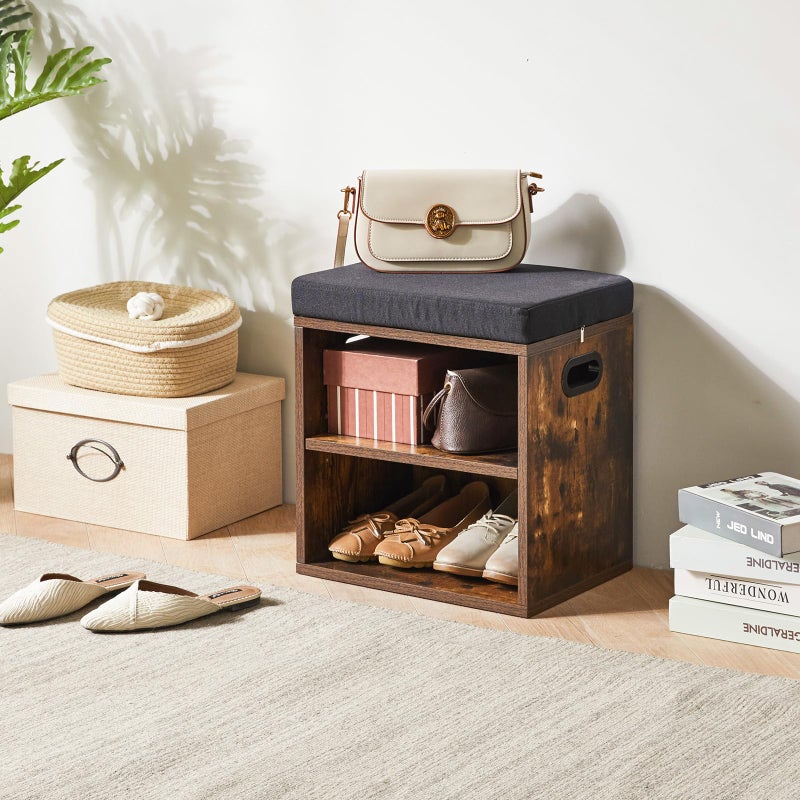 YMYNY Shoe Storage Bench with Cushion, 2 Tier Shoe Rack with Padded Seat, Adjustable Shoe Organizer Cabinet for Entryway, Living Room, Hallway, Closet, 15.4L*11W*16.54H, Rustic Brown, UHBD028H - Image 2