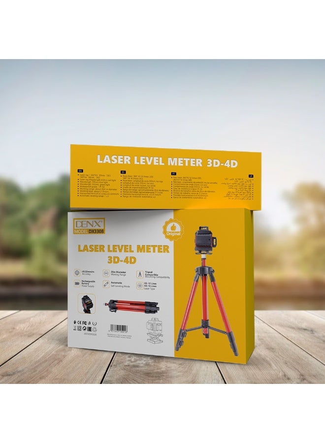 DENX DX3308 3D-4D Laser Level Meter – High Precision ±0.22mm, 20m Working Range, Rechargeable Battery, Tripod Compatible, Automatic Self-Leveling – Ideal for Construction, Carpentry & Interior Decoration - Image 3