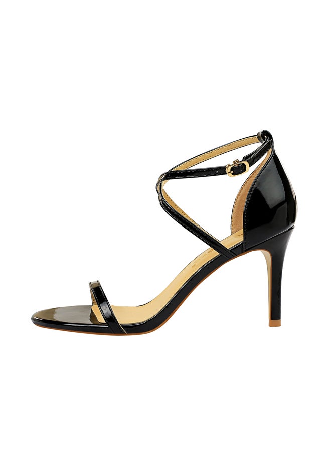 BIGTREE Open Toe Metallic Cross Strap Stiletto Sandals High Heels Black - Image 2