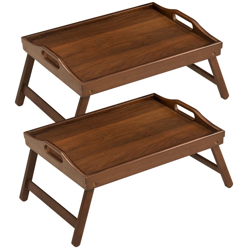 Mxbamhyc 2 Pack Bed Tray Table Breakfast Trays Serving Tray Bamboo Bed Laptap with Floding Legs Handles and Phone Holders - Image 1