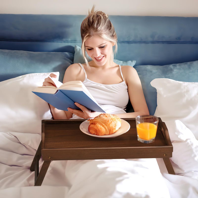 Mxbamhyc 2 Pack Bed Tray Table Breakfast Trays Serving Tray Bamboo Bed Laptap with Floding Legs Handles and Phone Holders - Image 3