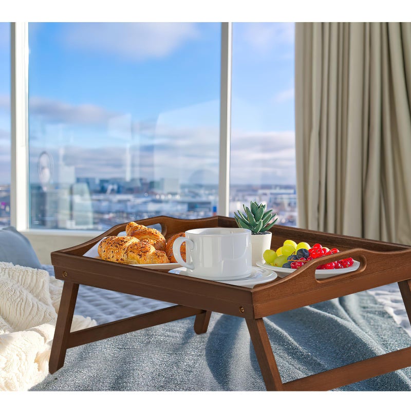 Mxbamhyc 2 Pack Bed Tray Table Breakfast Trays Serving Tray Bamboo Bed Laptap with Floding Legs Handles and Phone Holders - Image 2