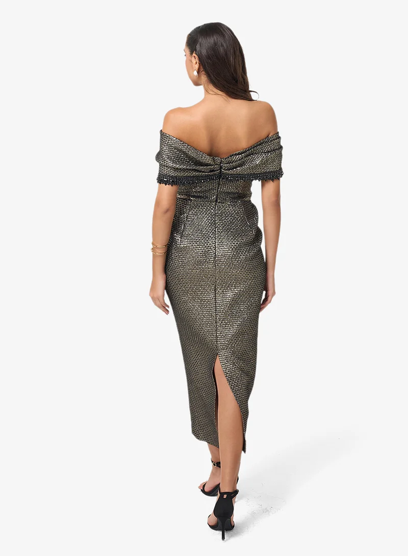 ثريدز باي اجوني Shimmer Metallic Off Shoulder Midi Dress
