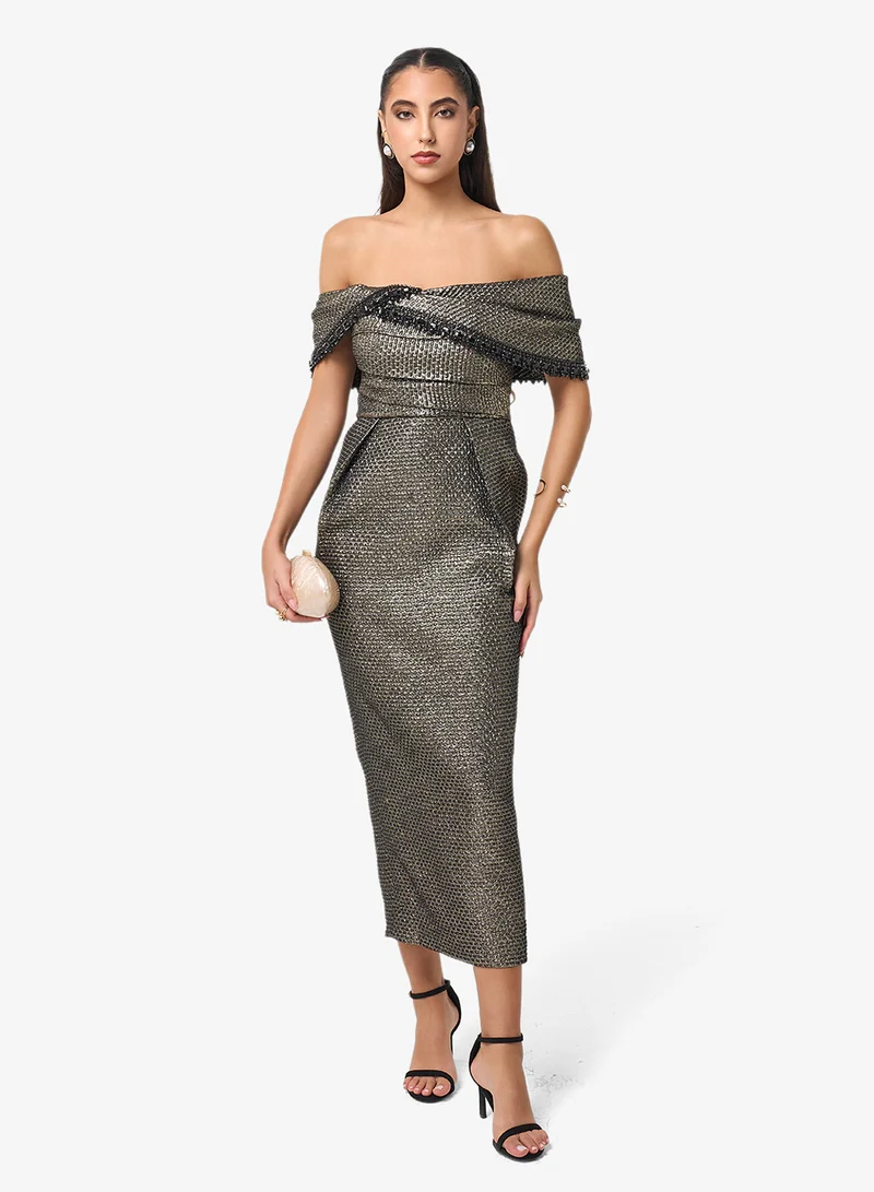 ثريدز باي اجوني Shimmer Metallic Off Shoulder Midi Dress
