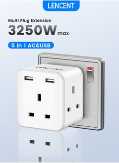 Lencent Multi Plug Extension with 2 USB, 3 Way 3 Plugs Socket adapter, 5-in-1 Cube Electrical Extender Outlet Adaptor, USB Wall Charger, 3 Pin Plug Expander for Home, Office, Kitchen, 13A 3250W  - Image 1